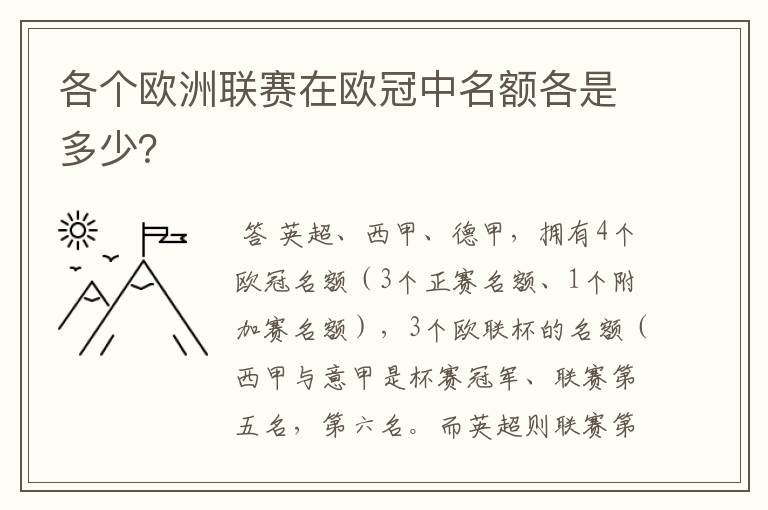 各个欧洲联赛在欧冠中名额各是多少？