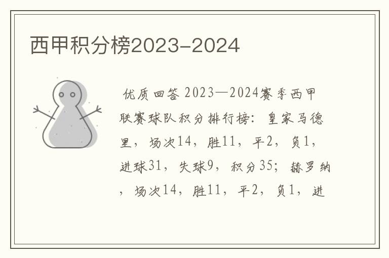 西甲积分榜2023-2024