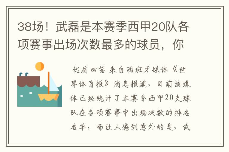 38场！武磊是本赛季西甲20队各项赛事出场次数最多的球员，你怎么看？