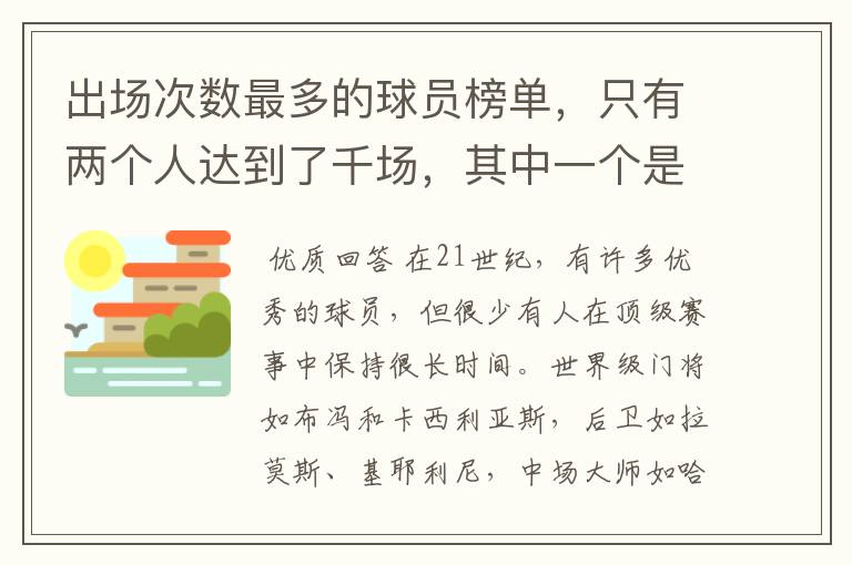 出场次数最多的球员榜单，只有两个人达到了千场，其中一个是C罗