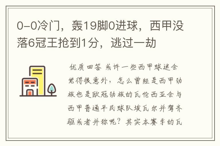 0-0冷门，轰19脚0进球，西甲没落6冠王抢到1分，逃过一劫