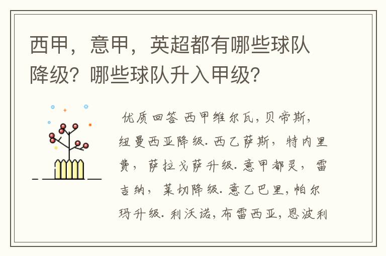 西甲，意甲，英超都有哪些球队降级？哪些球队升入甲级？