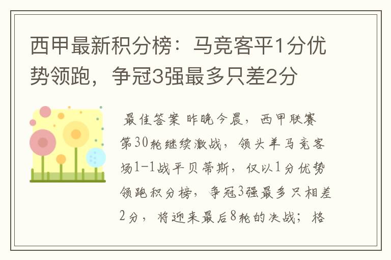 西甲最新积分榜：马竞客平1分优势领跑，争冠3强最多只差2分