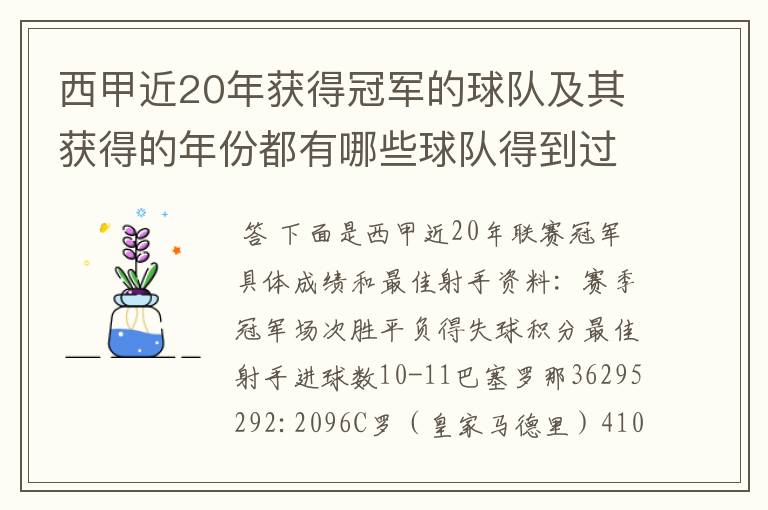 西甲近20年获得冠军的球队及其获得的年份都有哪些球队得到过意大利