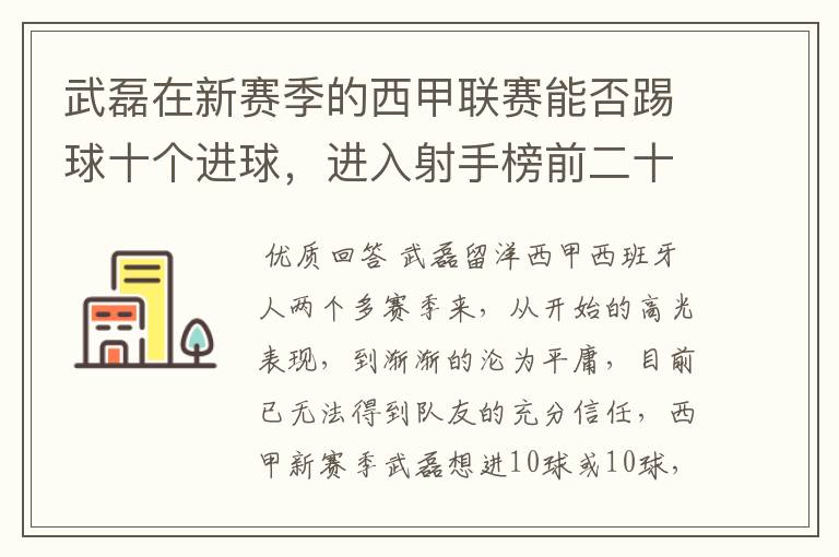 武磊在新赛季的西甲联赛能否踢球十个进球，进入射手榜前二十？