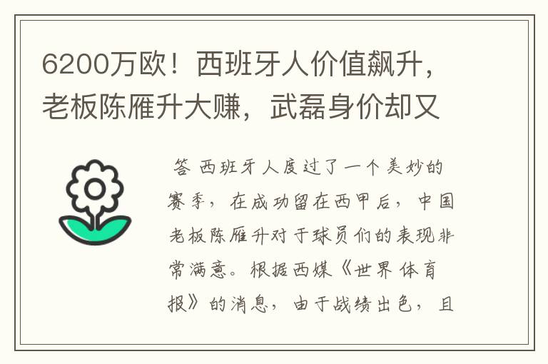 6200万欧！西班牙人价值飙升，老板陈雁升大赚，武磊身价却又缩水