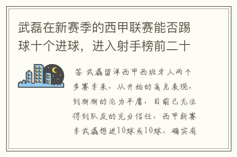 武磊在新赛季的西甲联赛能否踢球十个进球，进入射手榜前二十？