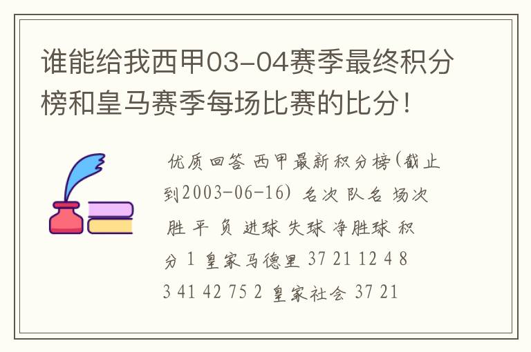 谁能给我西甲03-04赛季最终积分榜和皇马赛季每场比赛的比分！