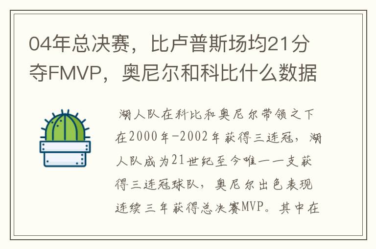 04年总决赛，比卢普斯场均21分夺FMVP，奥尼尔和科比什么数据？