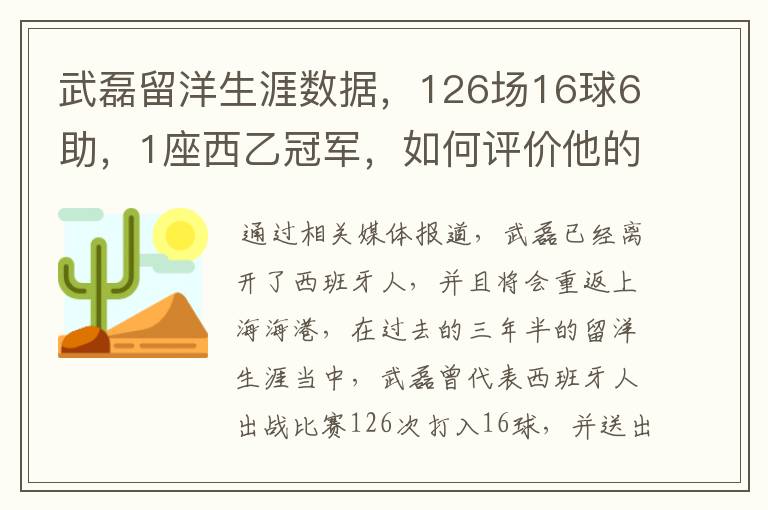 武磊留洋生涯数据，126场16球6助，1座西乙冠军，如何评价他的表现？