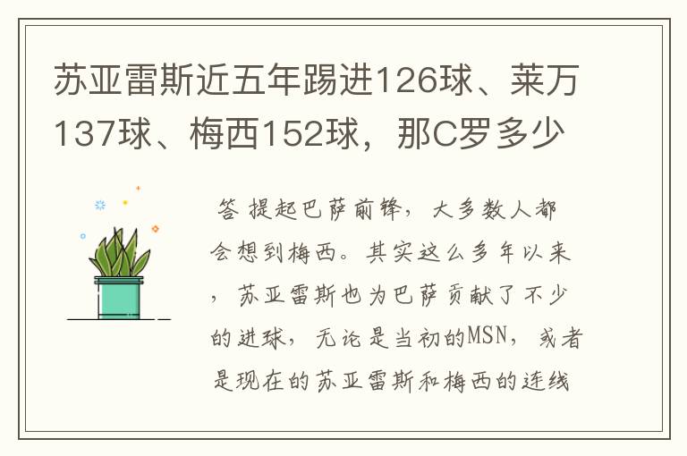 苏亚雷斯近五年踢进126球、莱万137球、梅西152球，那C罗多少