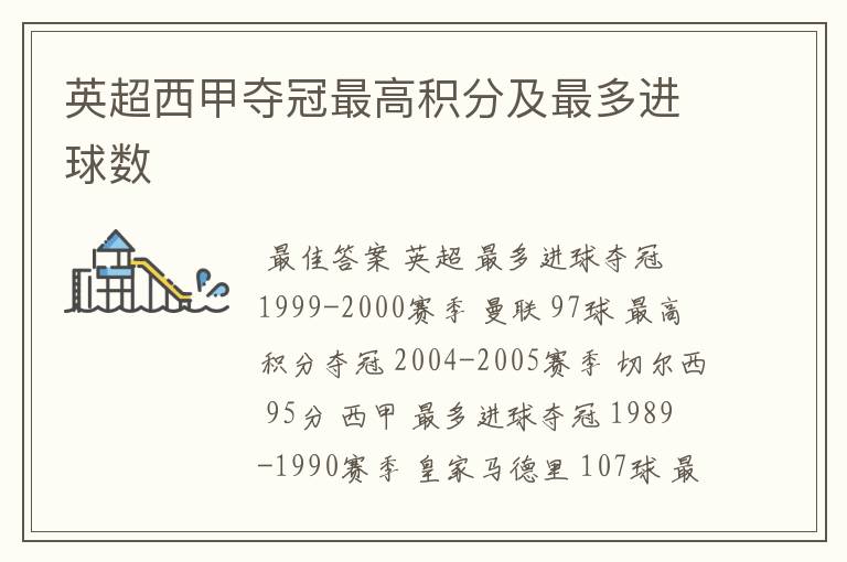 英超西甲夺冠最高积分及最多进球数