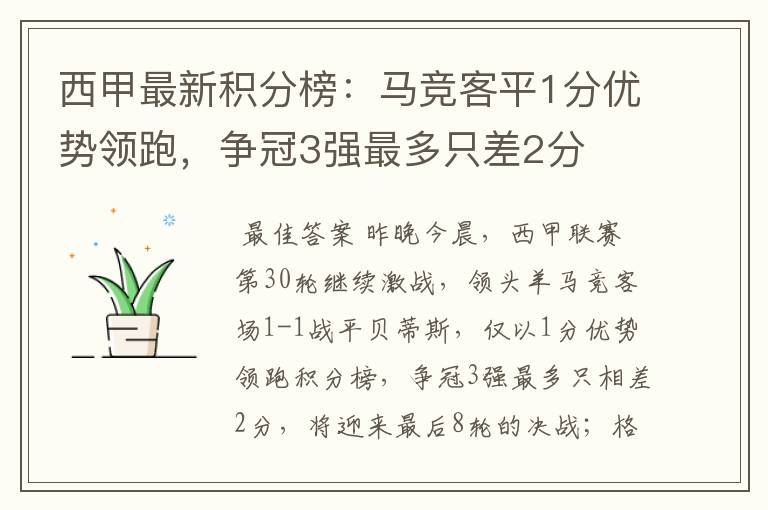 西甲最新积分榜：马竞客平1分优势领跑，争冠3强最多只差2分