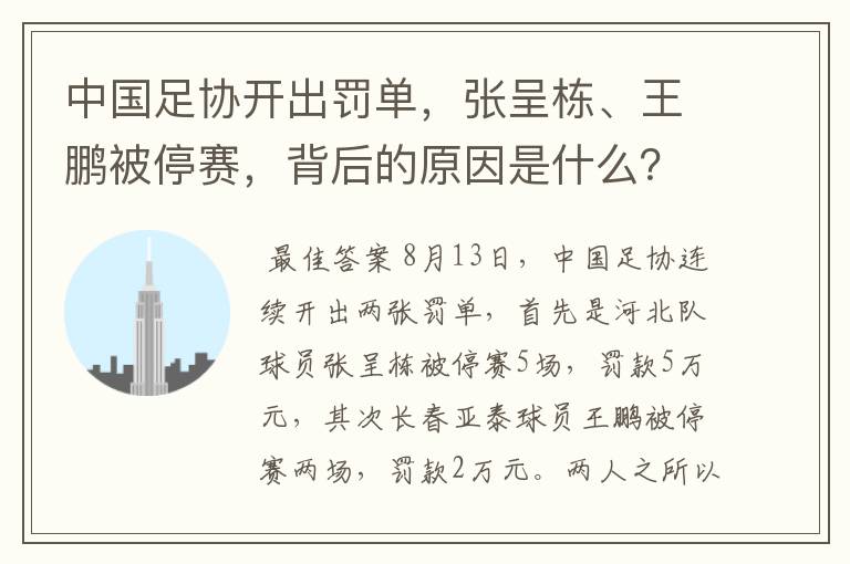 中国足协开出罚单，张呈栋、王鹏被停赛，背后的原因是什么？