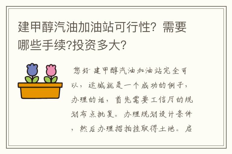 建甲醇汽油加油站可行性？需要哪些手续?投资多大？