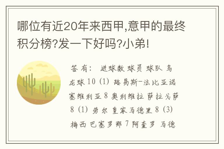 哪位有近20年来西甲,意甲的最终积分榜?发一下好吗?小弟!