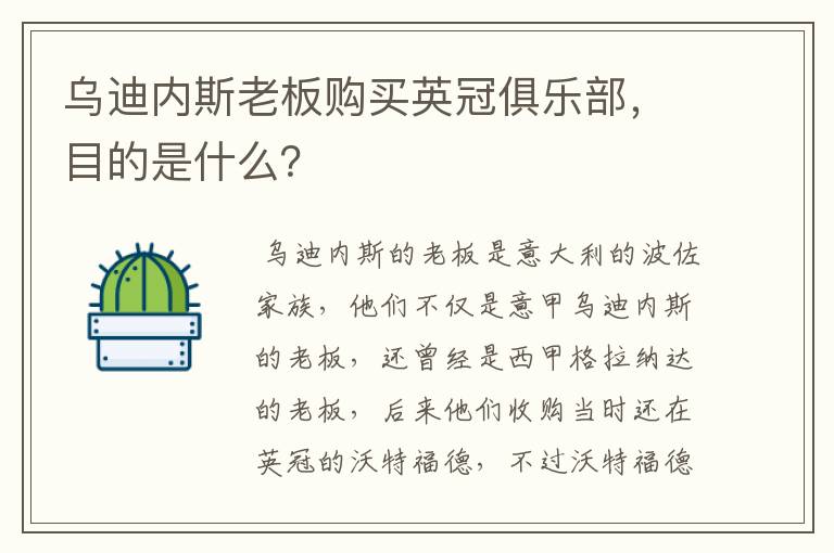 乌迪内斯老板购买英冠俱乐部，目的是什么？