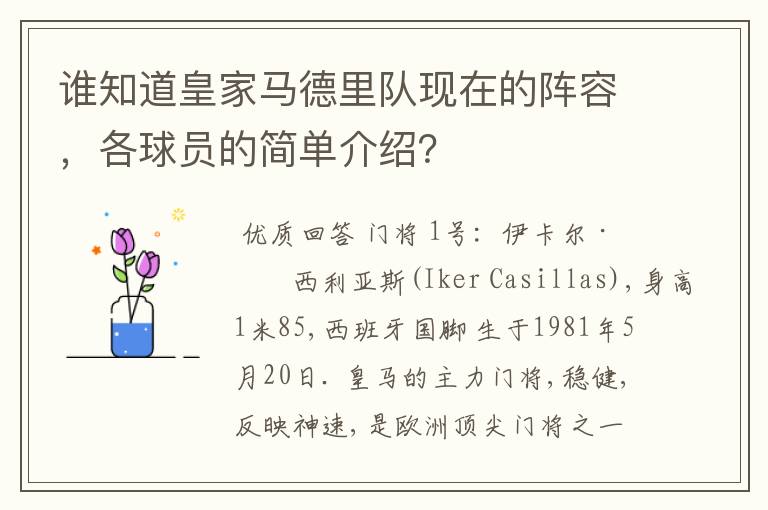 谁知道皇家马德里队现在的阵容，各球员的简单介绍？