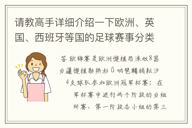 请教高手详细介绍一下欧洲、英国、西班牙等国的足球赛事分类！