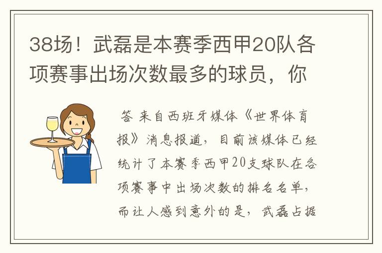 38场！武磊是本赛季西甲20队各项赛事出场次数最多的球员，你怎么看？