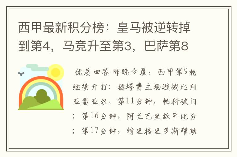 西甲最新积分榜：皇马被逆转掉到第4，马竞升至第3，巴萨第8