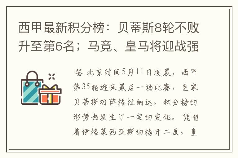 西甲最新积分榜：贝蒂斯8轮不败升至第6名；马竞、皇马将迎战强敌