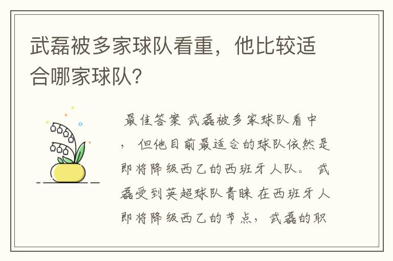 武磊被多家球队看重，他比较适合哪家球队？