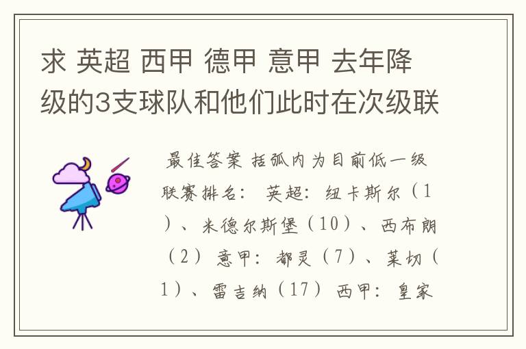 求 英超 西甲 德甲 意甲 去年降级的3支球队和他们此时在次级联赛的排名