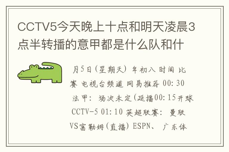 CCTV5今天晚上十点和明天凌晨3点半转播的意甲都是什么队和什么队的比赛啊？