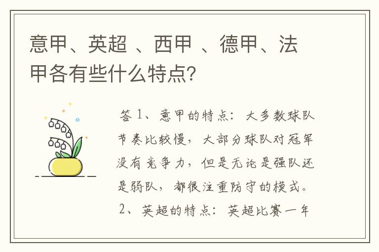 意甲、英超 、西甲 、德甲、法甲各有些什么特点？