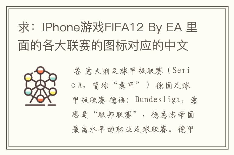 求：IPhone游戏FIFA12 By EA 里面的各大联赛的图标对应的中文名称 例如：Liga BBVA 西甲