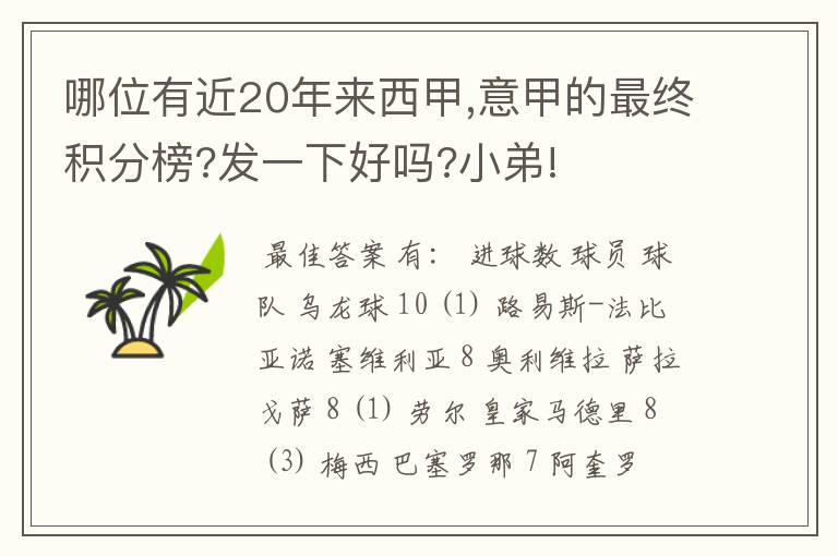 哪位有近20年来西甲,意甲的最终积分榜?发一下好吗?小弟!