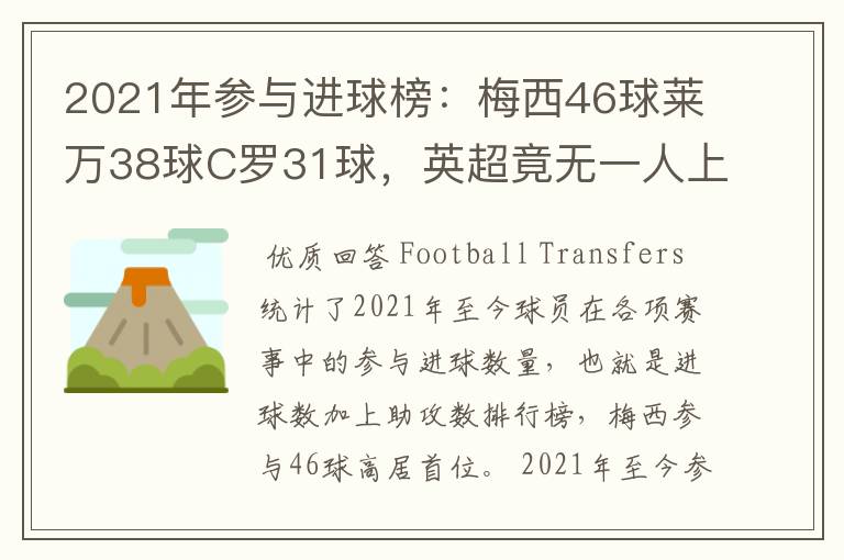 2021年参与进球榜：梅西46球莱万38球C罗31球，英超竟无一人上榜