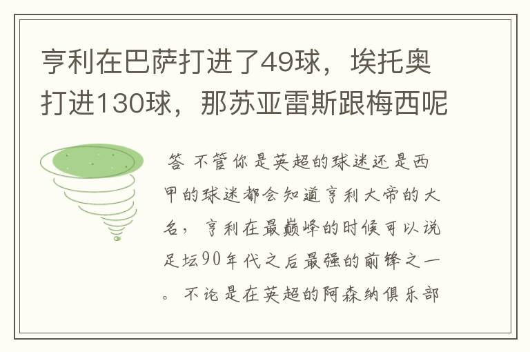 亨利在巴萨打进了49球，埃托奥打进130球，那苏亚雷斯跟梅西呢？