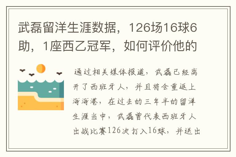 武磊留洋生涯数据，126场16球6助，1座西乙冠军，如何评价他的表现？