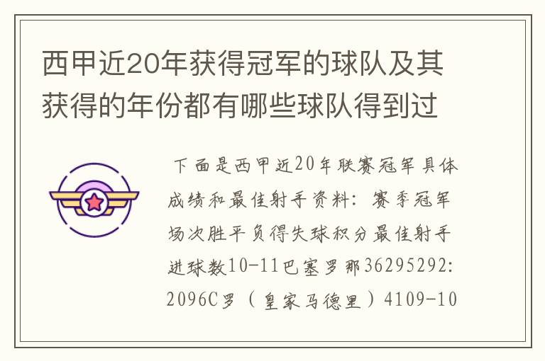 西甲近20年获得冠军的球队及其获得的年份都有哪些球队得到过意大利