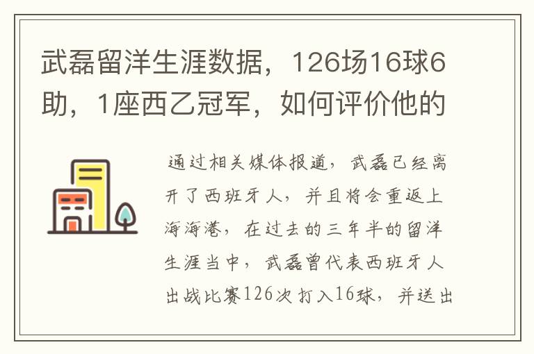 武磊留洋生涯数据，126场16球6助，1座西乙冠军，如何评价他的表现？