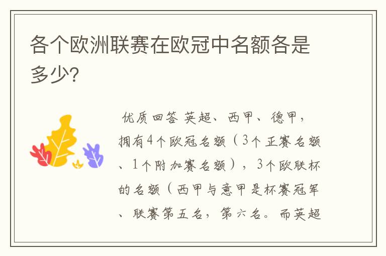 各个欧洲联赛在欧冠中名额各是多少？