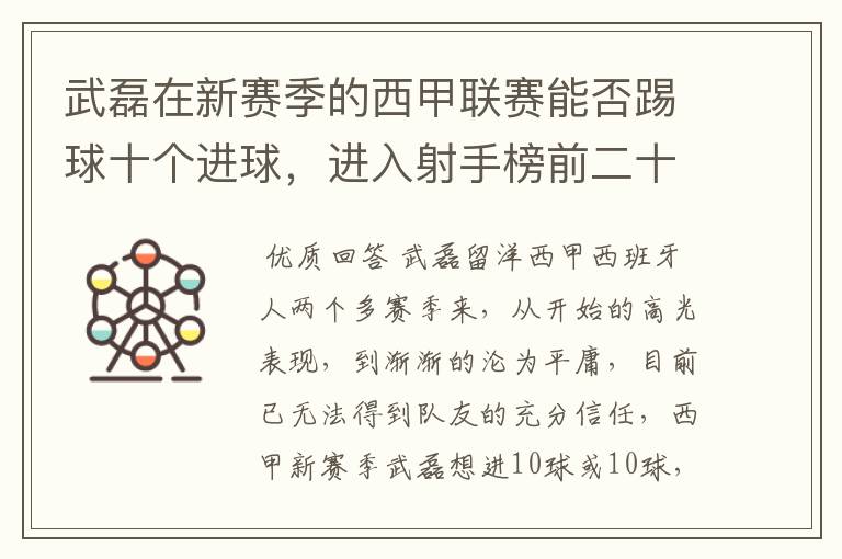 武磊在新赛季的西甲联赛能否踢球十个进球，进入射手榜前二十？