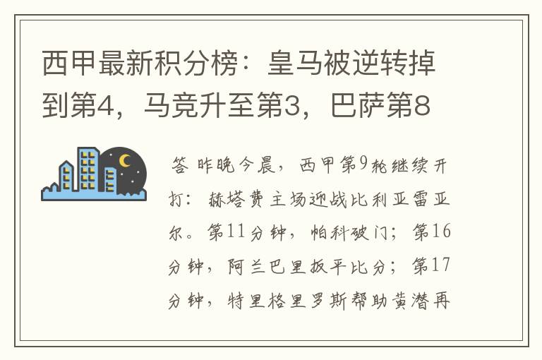 西甲最新积分榜：皇马被逆转掉到第4，马竞升至第3，巴萨第8