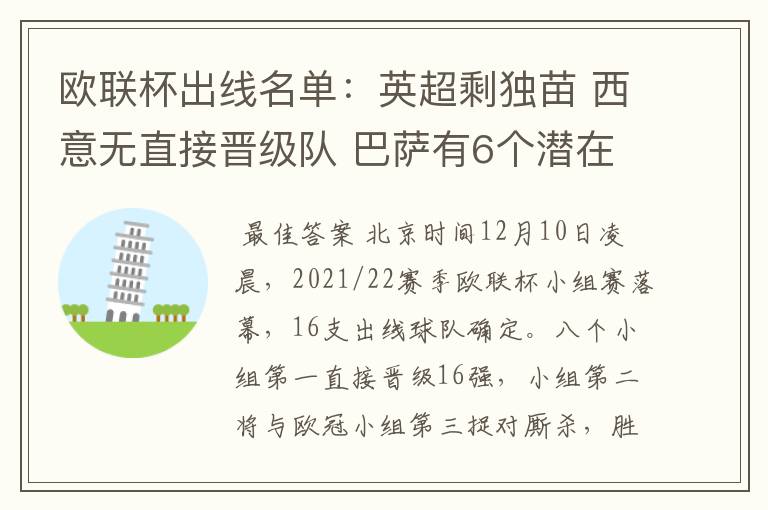 欧联杯出线名单：英超剩独苗 西意无直接晋级队 巴萨有6个潜在对手