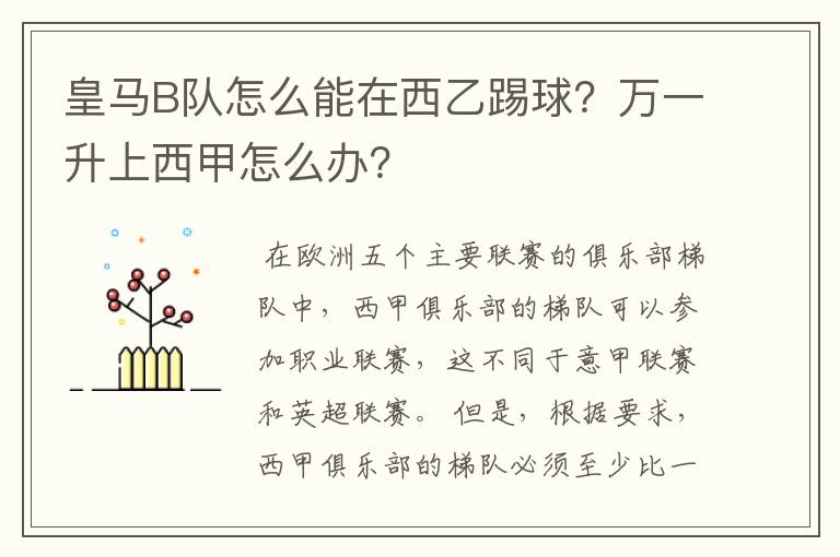 皇马B队怎么能在西乙踢球？万一升上西甲怎么办？