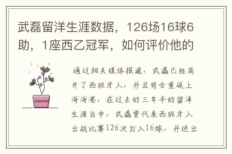 武磊留洋生涯数据，126场16球6助，1座西乙冠军，如何评价他的表现？