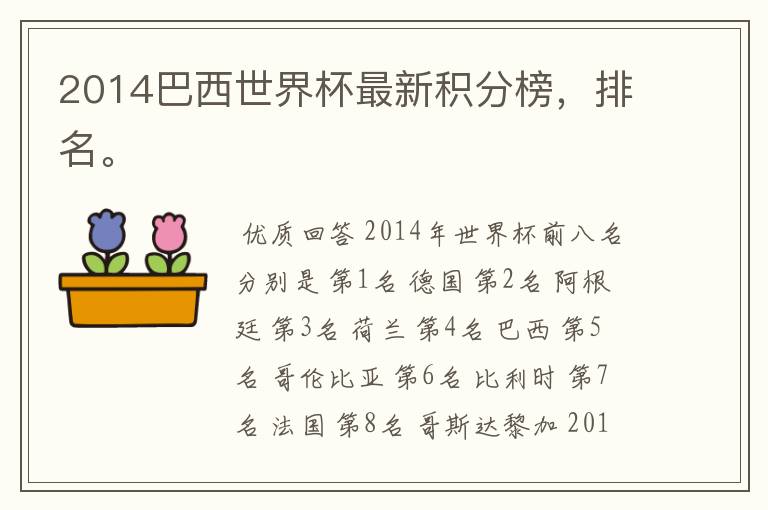 2014巴西世界杯最新积分榜，排名。