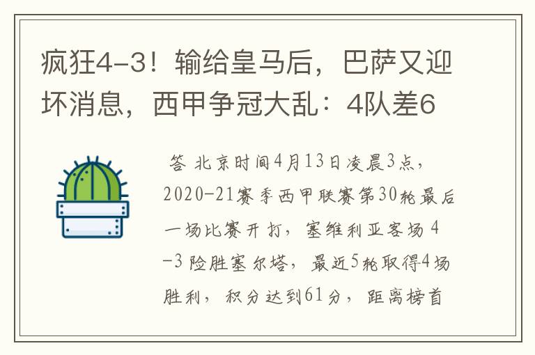 疯狂4-3！输给皇马后，巴萨又迎坏消息，西甲争冠大乱：4队差6分