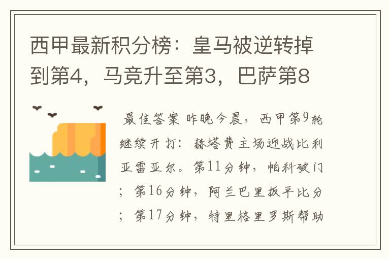 西甲最新积分榜：皇马被逆转掉到第4，马竞升至第3，巴萨第8