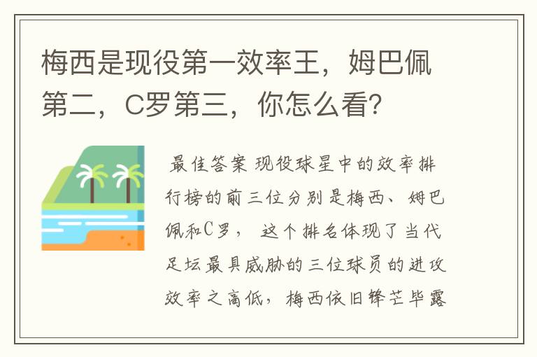 梅西是现役第一效率王，姆巴佩第二，C罗第三，你怎么看？