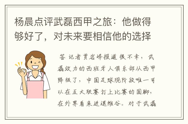 杨晨点评武磊西甲之旅：他做得够好了，对未来要相信他的选择