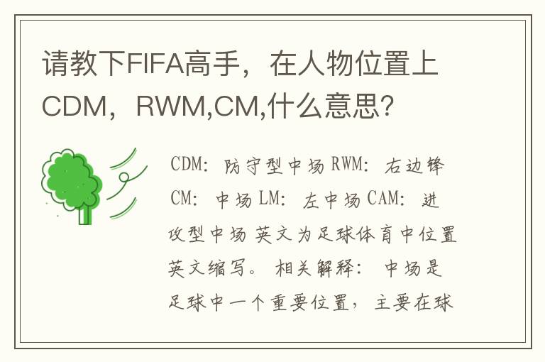 请教下FIFA高手，在人物位置上CDM，RWM,CM,什么意思？