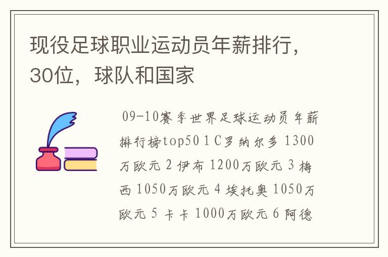 现役足球职业运动员年薪排行，30位，球队和国家